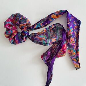 Boho Scrunchie detachable scarf bow 100% vintage silk  retro western rodeo